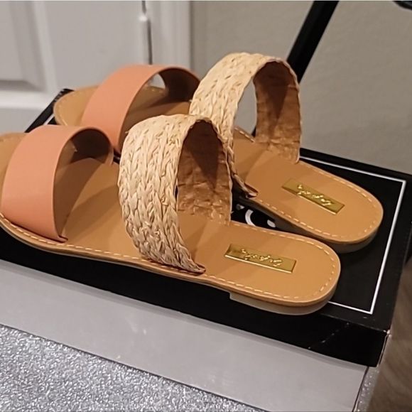 Qupid Two Band Slip-On Flat Sandals- Coral/Straw Tan - Picture 9 of 10